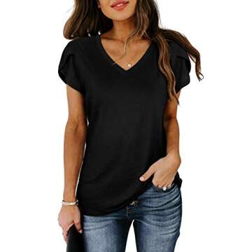 WIHOLL Womens Summer Tops and Blouses Casual V Neck Short Petal Cap Sleeve T Shirts Basic Tee Black ...