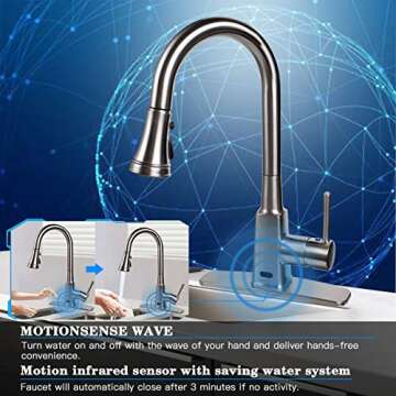 Motion Sensor Automatic Kitchen Faucet Touchless,Soosi Kitchen Faucets with Pull Down Sprayer Single Handle One/3 Hole 3 Setting Touch Kitchen Faucet Brushed Nickel Solid Brass Spot Free, Deck Mount
