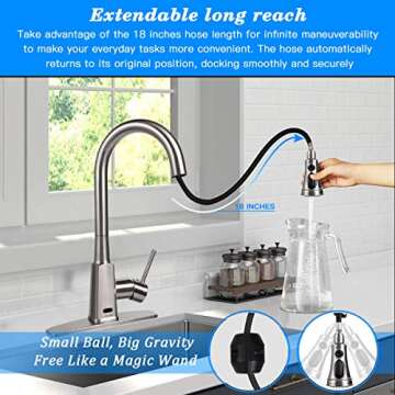 Motion Sensor Automatic Kitchen Faucet Touchless,Soosi Kitchen Faucets with Pull Down Sprayer Single Handle One/3 Hole 3 Setting Touch Kitchen Faucet Brushed Nickel Solid Brass Spot Free, Deck Mount
