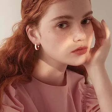 Lourny Small Hoop Earrings for Women, 18K Gold Plated Hypoallergenic Cute Enamel Huggie Earring Gifts for Women (Light Pink)