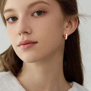 Lourny Small Hoop Earrings for Women, 18K Gold Plated Hypoallergenic Cute Enamel Huggie Earring Gifts for Women (Light Pink)