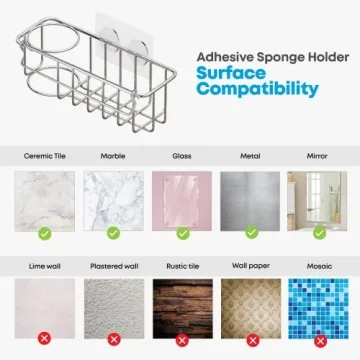 KESOL RustProof Sponge Holder Caddy for Kitchen, Stainless Steel Organizer, Brush Holder, 304 Accessories, Suction Cup + Adhesive