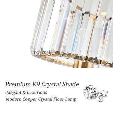 Ralbay Brass Gold Crystal, Bright Lighting, Modern Contemporary Copper Standing Light for Bedrooms, Brass/Copper Floor Lamp for Living Room(Bulb Excluded)