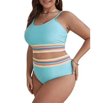 Floerns Women's Plus Size Scoop Neck High Waisted Two Piece Bathing Suit Mint Blue 3XL