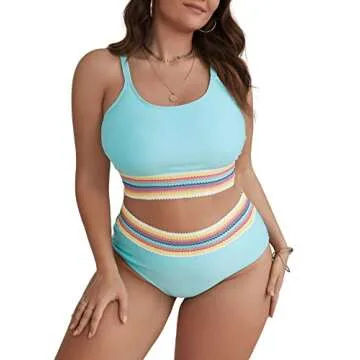 Floerns Women's Plus Size Scoop Neck High Waisted Two Piece Bathing Suit Mint Blue 3XL