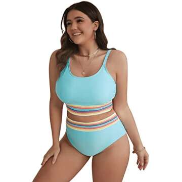 Floerns Women's Plus Size Scoop Neck High Waisted Two Piece Bathing Suit Mint Blue 3XL