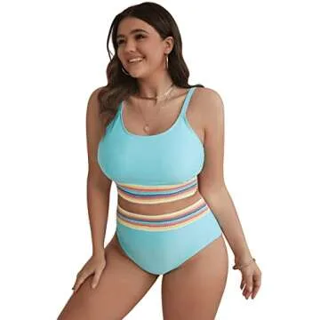 Floerns Women's Plus Size Scoop Neck High Waisted Two Piece Bathing Suit Mint Blue 3XL