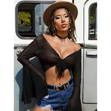 Verdusa Women's Tie Front Bell Long Sleeve Blouse Sheer Mesh Crop Top Black L