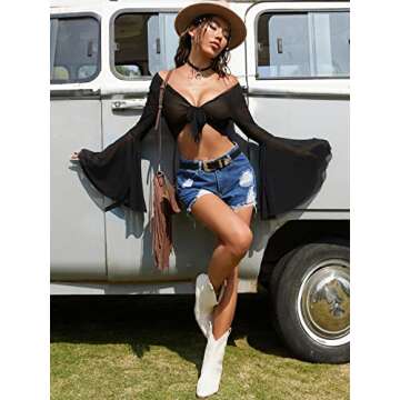 Verdusa Women's Tie Front Bell Long Sleeve Blouse Sheer Mesh Crop Top Black L