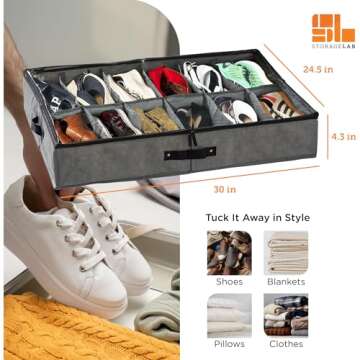 storageLAB Under Bed Storage Containers, 2-Pack Underbed Shoe Organizer with Non-Adjustable Dividers...