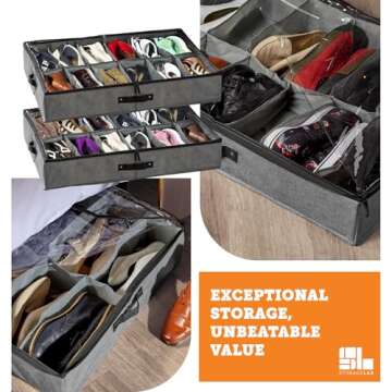 storageLAB Under Bed Storage Containers, 2-Pack Underbed Shoe Organizer with Non-Adjustable Dividers, Clear Windows, and Sturdy Handles, Use as Clothes Organizer, Blanket Organizer (Set of 2)
