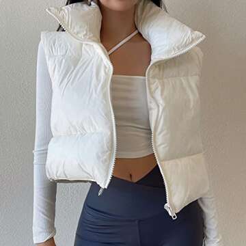 KEOMUD Women's Winter Crop Vest Lightweight Sleeveless Warm Outerwear Puffer Vest Padded Gilet White...