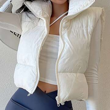 KEOMUD Women's Winter Crop Vest Lightweight Sleeveless Warm Outerwear Puffer Vest Padded Gilet White Medium