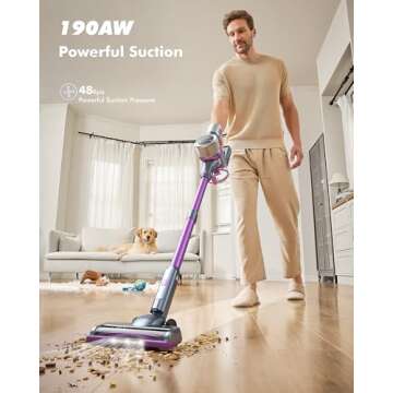 MIUZZY Cordless Vacuum Cleaner, 48kPa/190AW Powerful Suction, 60mins Max Runtime, 4000mAh Large Batt...