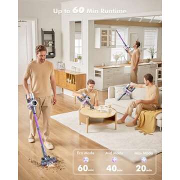 MIUZZY Cordless Vacuum Cleaner, 48kPa/190AW Powerful Suction, 60mins Max Runtime, 4000mAh Large Battery, Anti Hair Wrap Stick Vacuum, Vacuum Cleaners for Home, Pet Hair, Hard Floors and Carpets, Cars