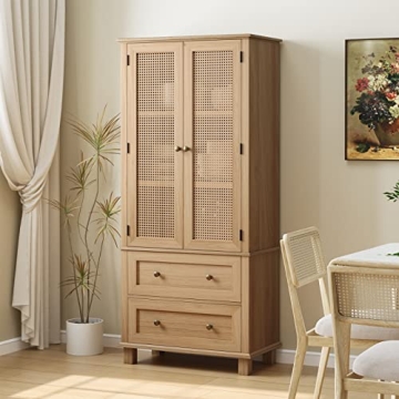 Stylish FOTOSOK Rattan Kitchen Pantry Storage Cabinet