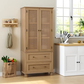 Stylish FOTOSOK Rattan Kitchen Pantry Storage Cabinet