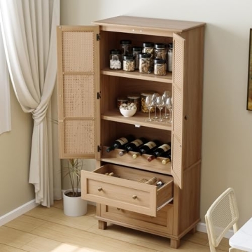 Stylish FOTOSOK Rattan Kitchen Pantry Storage Cabinet