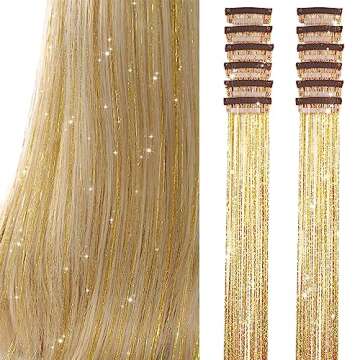 Hair Tinsel Pack of 12 Pcs Clip in Hair Tinsel 20 Inch Golden Glitter Tinsel Hair Extensions, Festiv...