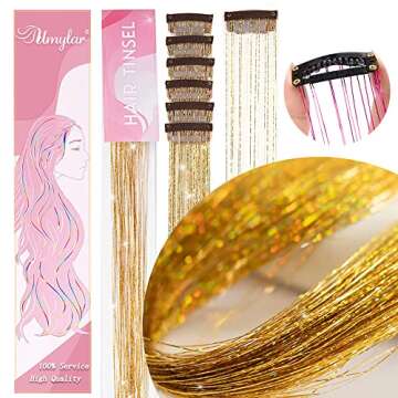 Hair Tinsel Pack of 12 Pcs Clip in Hair Tinsel 20 Inch Golden Glitter Tinsel Hair Extensions, Festival Tinsel Fairy Hair Extension Party Dazzle Hair Accessories Strands Kit (12Pcs,Golden#)