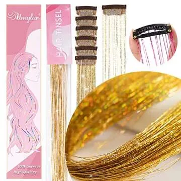 Hair Tinsel Pack of 12 Pcs Clip in Hair Tinsel 20 Inch Golden Glitter Tinsel Hair Extensions, Festival Tinsel Fairy Hair Extension Party Dazzle Hair Accessories Strands Kit (12Pcs,Golden#)