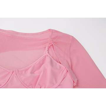 Meladyan Women Sexy Long Sleeve Mesh Crop Top Open Front Cover Up Spaghetti Strap Slim Fit Corset Cami 2 Pieces Clubwear Pink