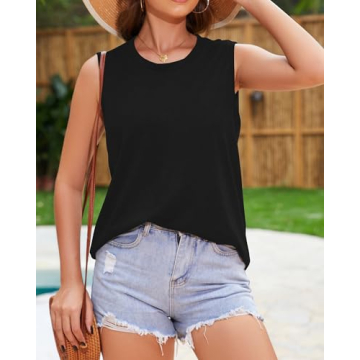Womens Tank Tops Summer T Shirts Sleeveless Casual Loose Tunic Blouses(Solid Black, L)