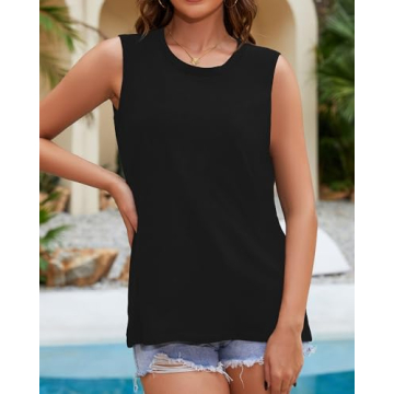 Womens Tank Tops Summer T Shirts Sleeveless Casual Loose Tunic Blouses(Solid Black, L)
