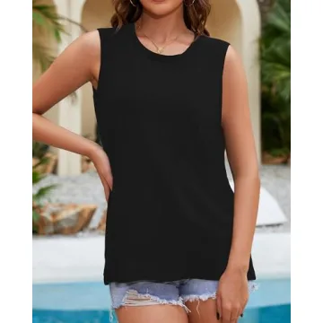 Womens Tank Tops Summer T Shirts Sleeveless Casual Loose Tunic Blouses(Solid Black, L)