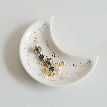 BIHOIB Small Moon Jewelry Dish Tray, Set of 2, Decorative Ceramic Trinket Dish, Modern Accent Tray for Vanity (Blue and White)