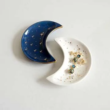 BIHOIB Small Moon Jewelry Dish Tray, Set of 2, Decorative Ceramic Trinket Dish, Modern Accent Tray for Vanity (Blue and White)