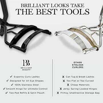 Brilliant Beauty Eyelash Curler with Satin Bag & Refill Pads - Award Winning Eye Lash Curlers for Dramatically Curled Eyelashes & Lash Lift in Seconds (Jet Black)