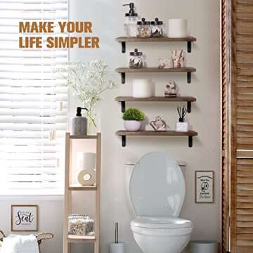 POTRAS Floating Shelves for Bedroom, Rustic Wood Bathroom Shelves for Wall Set of 4, Farmhouse Style Upgraded Wooden Floating Shelf for Wall Décor, Wall Storage, Kitchen, Living Room- Carbonized Brown