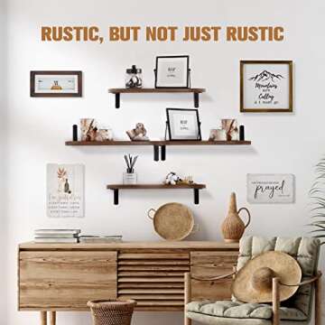 POTRAS Floating Shelves for Bedroom, Rustic Wood Bathroom Shelves for Wall Set of 4, Farmhouse Style Upgraded Wooden Floating Shelf for Wall Décor, Wall Storage, Kitchen, Living Room- Carbonized Brown