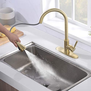 SOKA Gold Kitchen Faucet Pull Out Gold Single Handle Kitchen Sink Faucet with Pull Down Sprayer 3 Hole for RV Utility / Laundry Sink Stainless Steel, brushed gold (SK5002AR)