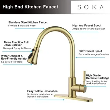 SOKA Gold Kitchen Faucet Pull Out Gold Single Handle Kitchen Sink Faucet with Pull Down Sprayer 3 Hole for RV Utility / Laundry Sink Stainless Steel, brushed gold (SK5002AR)