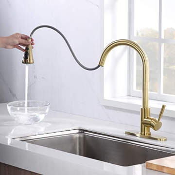 SOKA Gold Kitchen Faucet Pull Out Gold Single Handle Kitchen Sink Faucet with Pull Down Sprayer 3 Hole for RV Utility / Laundry Sink Stainless Steel, brushed gold (SK5002AR)