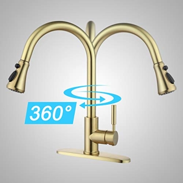 SOKA Gold Kitchen Faucet Pull Out Gold Single Handle Kitchen Sink Faucet with Pull Down Sprayer 3 Hole for RV Utility / Laundry Sink Stainless Steel, brushed gold (SK5002AR)