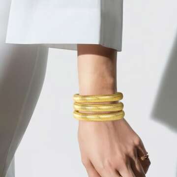 Emibele Gold Bangle Bracelet Set 3Pcs, Chunky Stainless Steel Non Tarnish 18K Gold Plated Bracelet Stack, Flexible Stretch Wide Wristband Bangle Layered Snake Chain Bracelet for Women