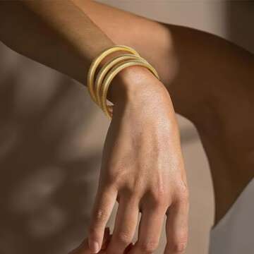 Emibele Gold Bangle Bracelet Set 3Pcs, Chunky Stainless Steel Non Tarnish 18K Gold Plated Bracelet Stack, Flexible Stretch Wide Wristband Bangle Layered Snake Chain Bracelet for Women