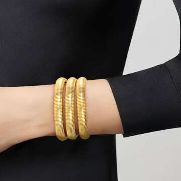 Emibele Gold Bangle Bracelet Set 3Pcs, Chunky Stainless Steel Non Tarnish 18K Gold Plated Bracelet Stack, Flexible Stretch Wide Wristband Bangle Layered Snake Chain Bracelet for Women