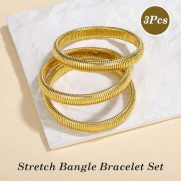 Emibele Gold Bangle Bracelet Set 3Pcs, Chunky Stainless Steel Non Tarnish 18K Gold Plated Bracelet Stack, Flexible Stretch Wide Wristband Bangle Layered Snake Chain Bracelet for Women