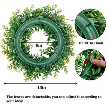 CEWOR 15in Artificial Boxwood Wreath Spring Summertime Wreath Fake Greenery Leaves Wreath for Front ...
