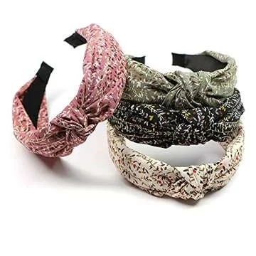 LifeDawn 4Pcs Headbands for Women,Floral Pattern Knotted Wide Headbands Cross Knot Hair Bands Vintage Hairband Turban Hoops Twist Headbands Accessories,Style 1