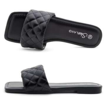 Shoe Land Anisha Womens Flat Sandals Fashion Slides Square Open Toe Quilted Single Band Dressy Sandal Slip on Slippers for Summer Daily Prom Party, Black, Size 11.0