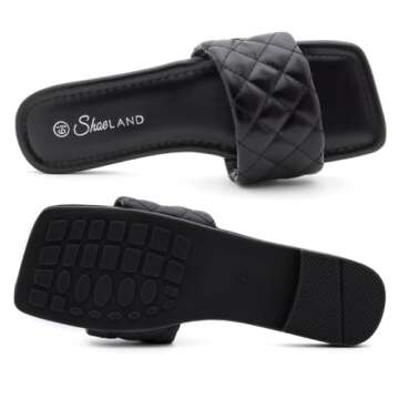 Shoe Land Anisha Womens Flat Sandals Fashion Slides Square Open Toe Quilted Single Band Dressy Sandal Slip on Slippers for Summer Daily Prom Party, Black, Size 11.0