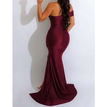 A ADILACA Formal Maxi Dresses for Women Evening Party, Formal Short Sleeve Maxi Dress for Women Wedding Guest, Off The Shoulder Bodycon Maxi Dress for Women (Dark Red, XL)