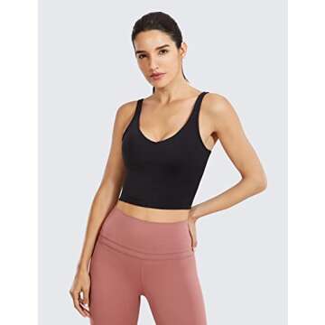 CRZ YOGA Womens V Neck Workout Tank Tops with Built in Bras - Cropped Padded Athletic Longline Sports Bra Black Large