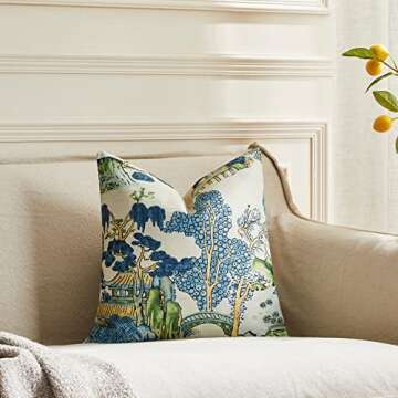 BLESFEST Pack of 2, Chinoiserie Pillow Cover 20 x 20 Inch Asian Scenic Blue and Green Throw Pillow Covers Linen Farmhouse Tree Leaves Pillow Case Cushion Covers for Sofa Couch Living Room