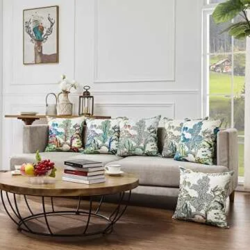 BLESFEST Pack of 2, Chinoiserie Pillow Cover 20 x 20 Inch Asian Scenic Blue and Green Throw Pillow Covers Linen Farmhouse Tree Leaves Pillow Case Cushion Covers for Sofa Couch Living Room